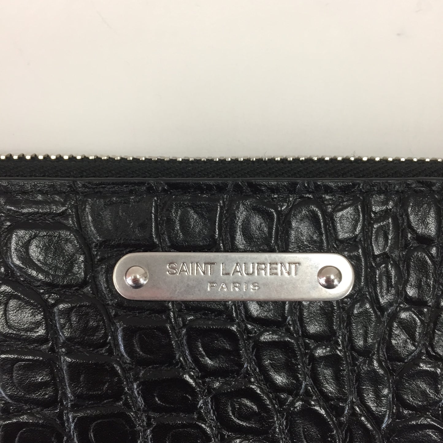 Authentic Saint Laurent Black Croc Embossed Leather Pouch