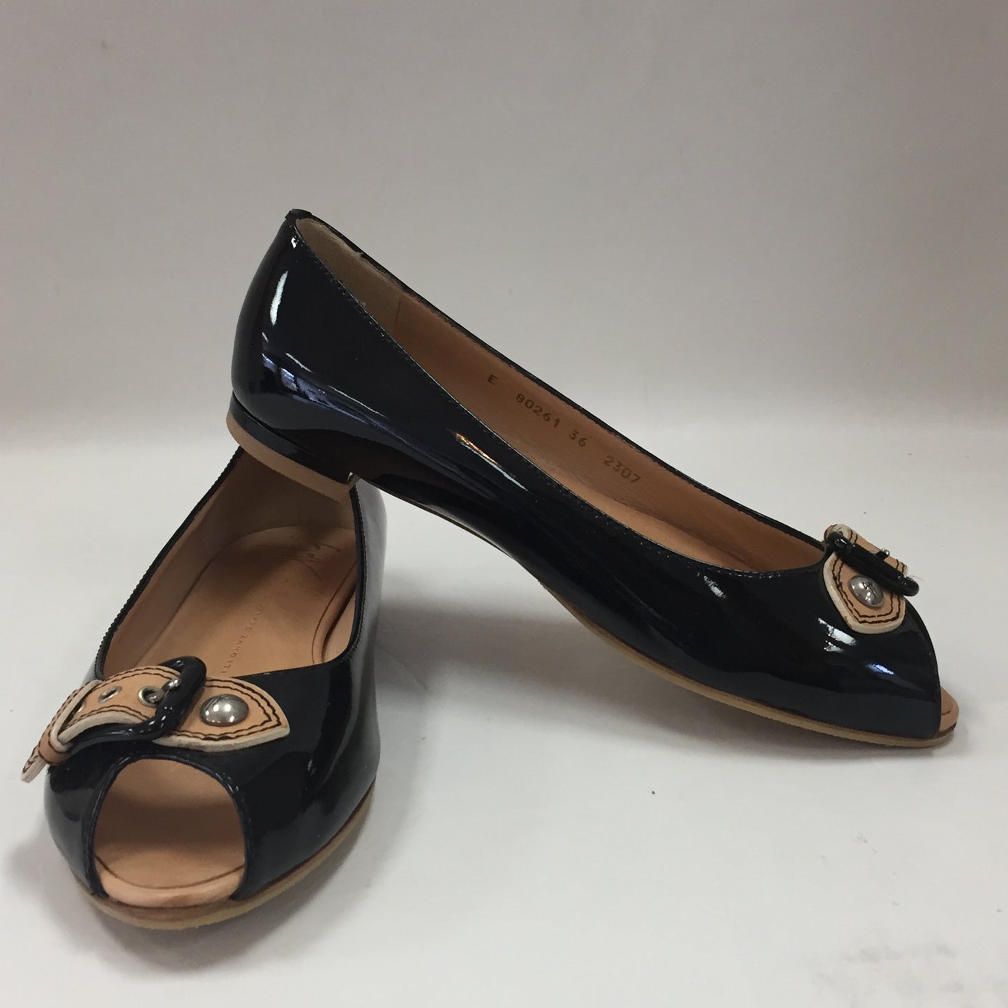 Authentic Giuseppe Zanotti Black Patent Leather Peep-Toe Flats Women's Size 6