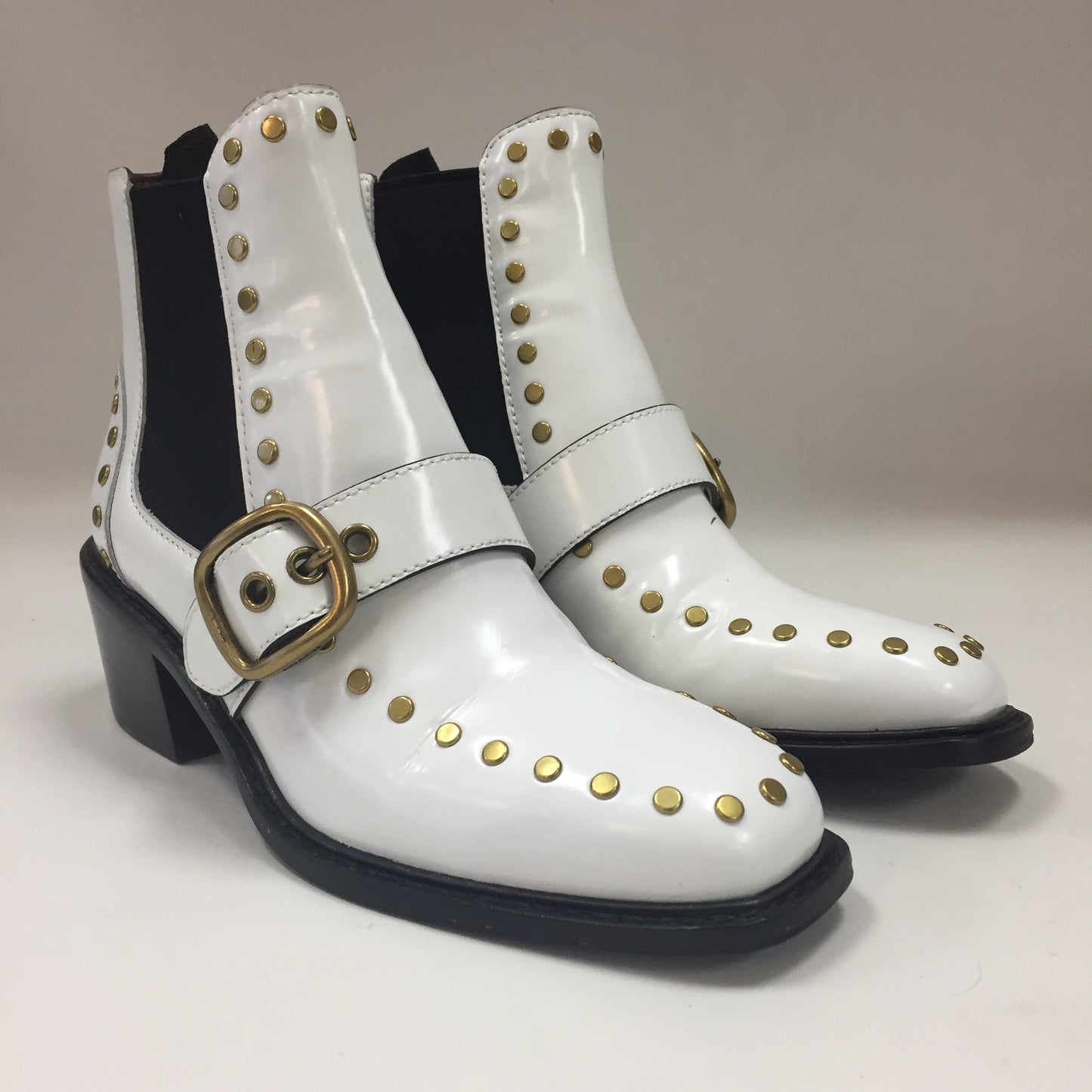 Authentic Coach White/Black Nora Chelsea Studded Leather Boots Women's Size 5