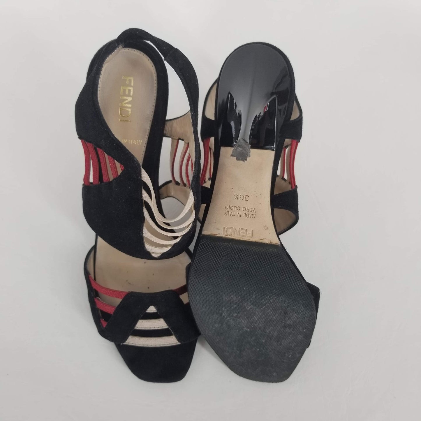Authentic Fendi Black/Burgundy/Beige Suede Sandals