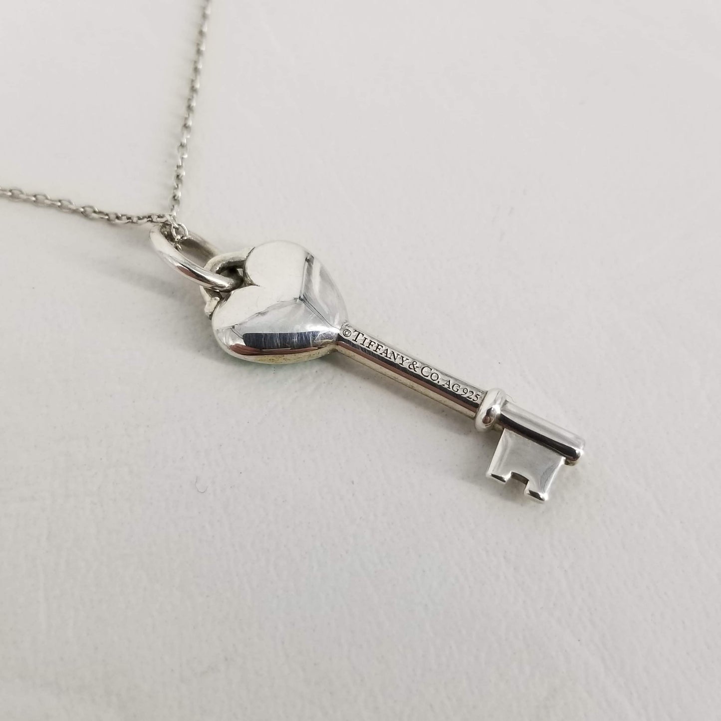 Authentic Tiffany & Co. Silver Enamel Heart Key & 16” Chain