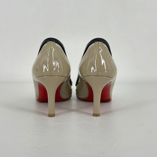 Authentic Christian Louboutin Taupe Patent/Black Leather Decollete 55