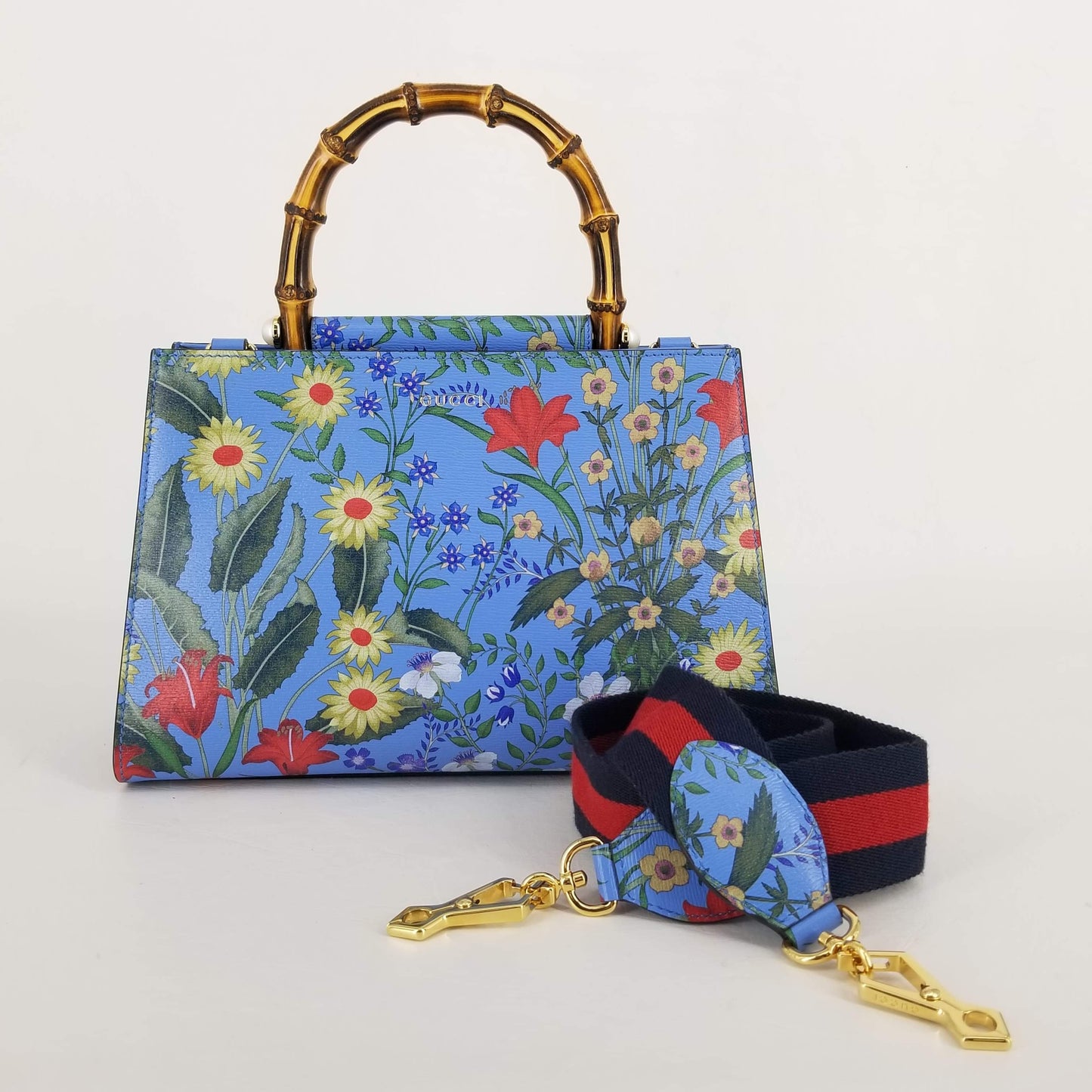 Authentic Gucci Blue Nymphaea Floral Bamboo Bag