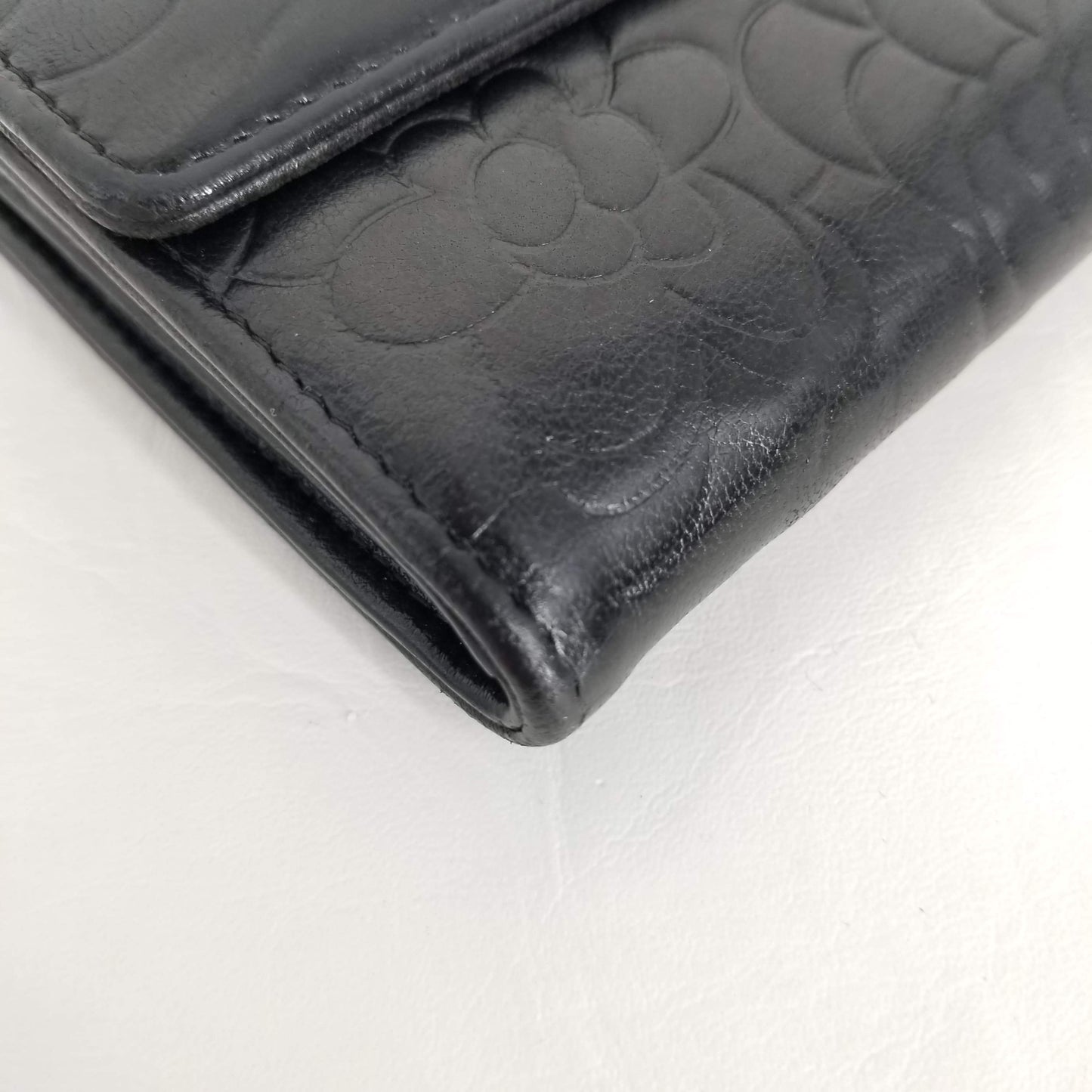 Authentic Chanel Black Lambskin Camellia Flap Wallet