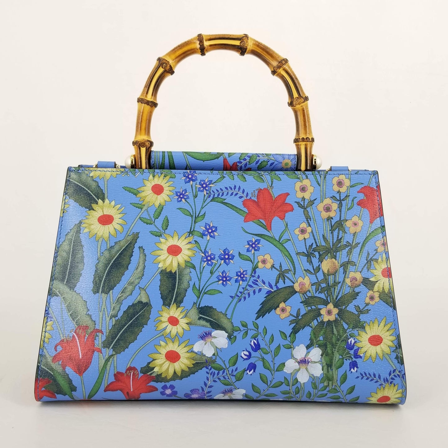 Authentic Gucci Blue Nymphaea Floral Bamboo Bag