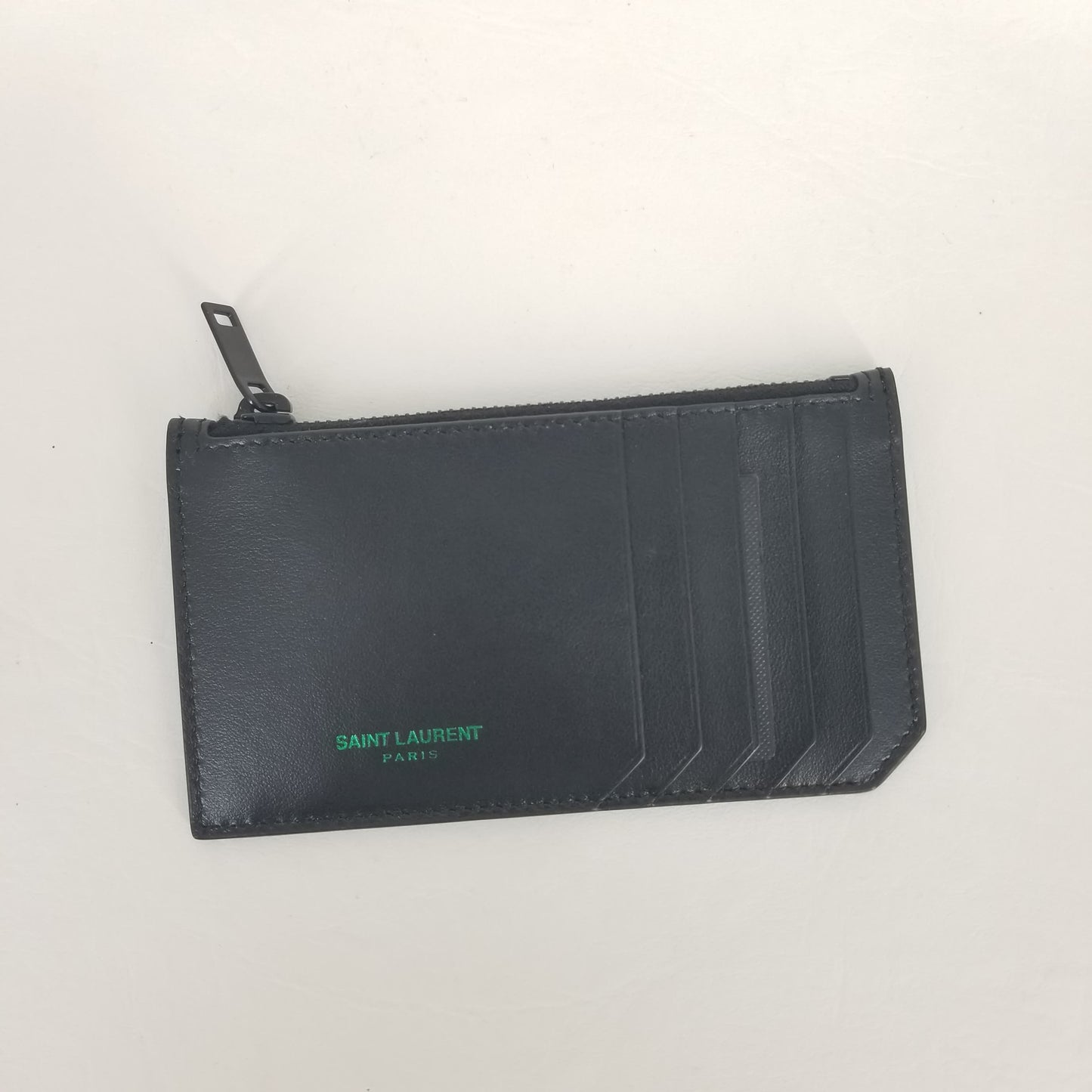 Authentic Saint Laurent Black Leather Zip Card Holder - Green