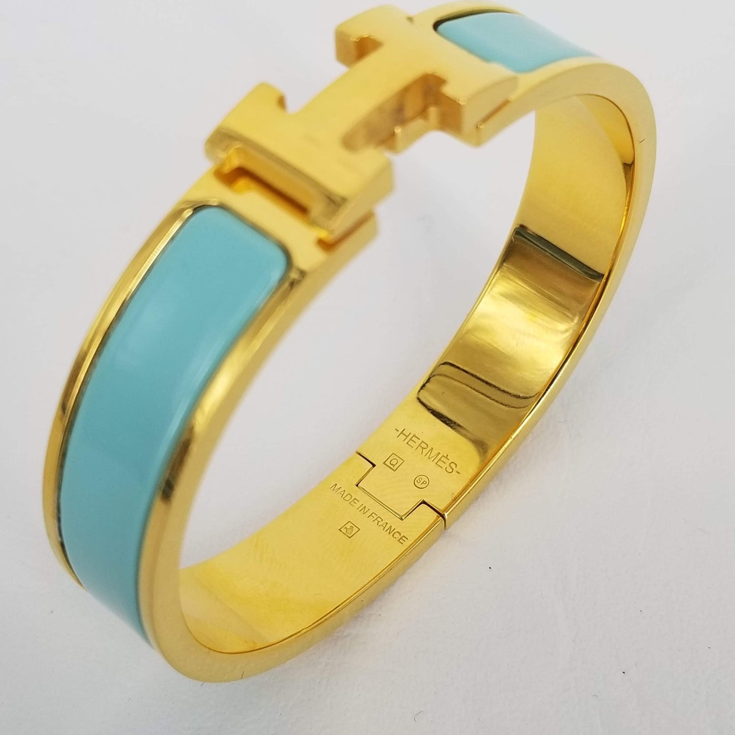 Authentic Hermes Gold & Sea Foam Enamel Clic H Bracelet PM
