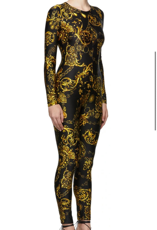 Authentic Versace Jeans Couture Black & Gold Regalia Baroque Body Suit Sz S