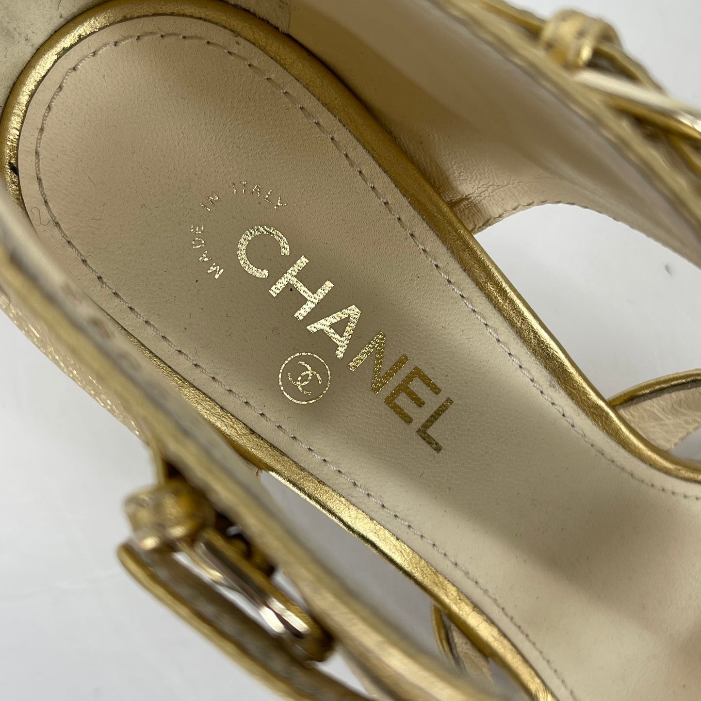 Authentic Chanel Gold Chain Block Heel Sandals