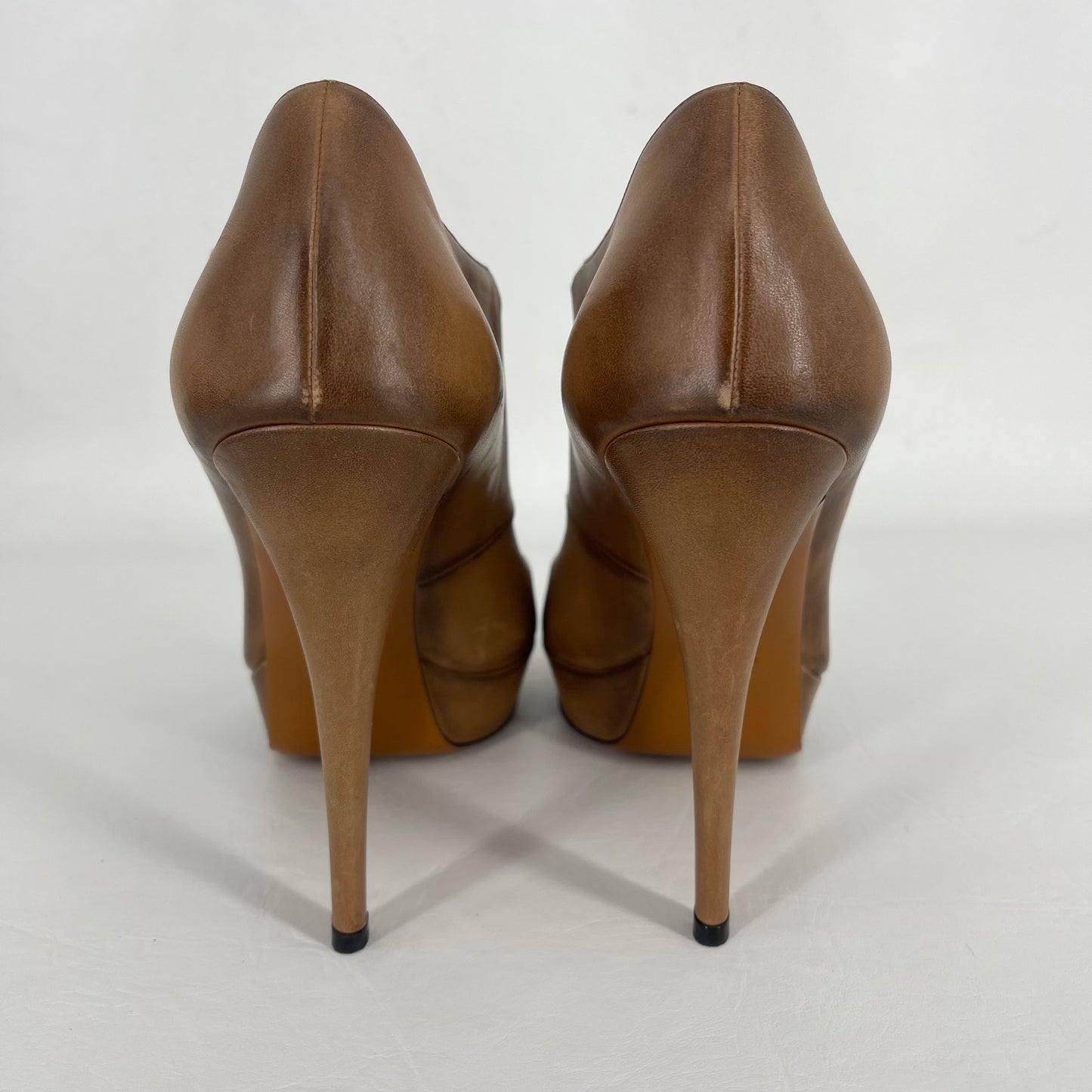 Authentic Gucci Brown Leather Peeptoe Platform Heels Sz 37