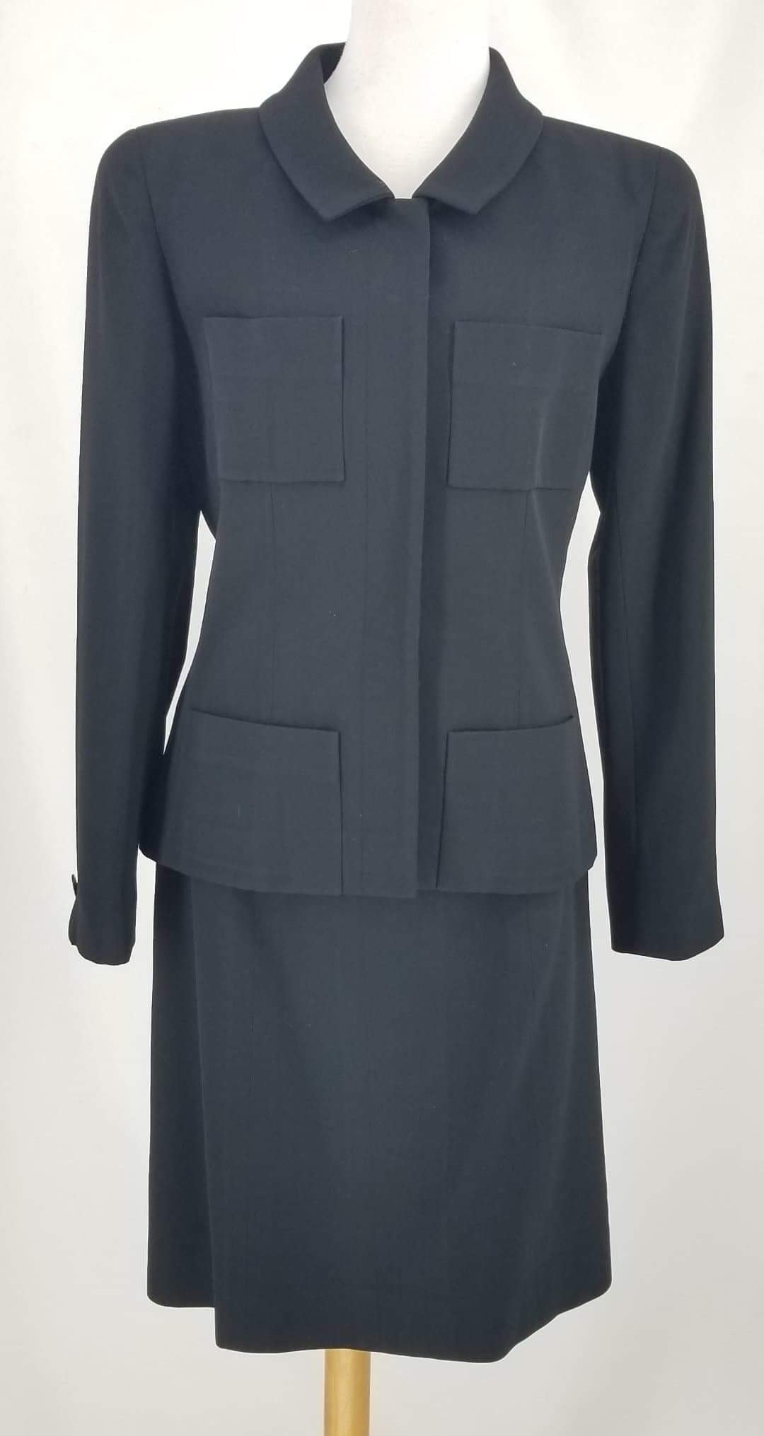 Authentic Chanel Black Wool 01P Skirt Suit Sz 42