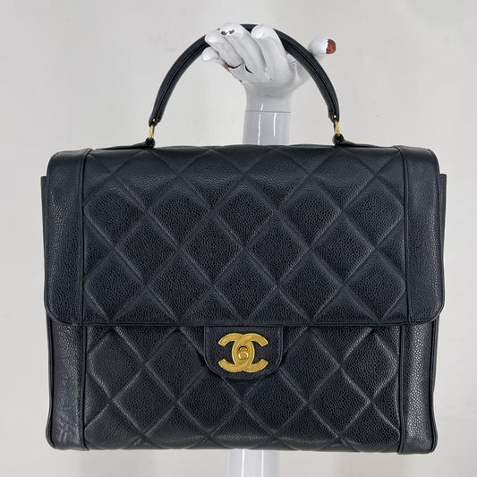 Authentic Chanel Black Caviar Leather Top Handle Flap Bag