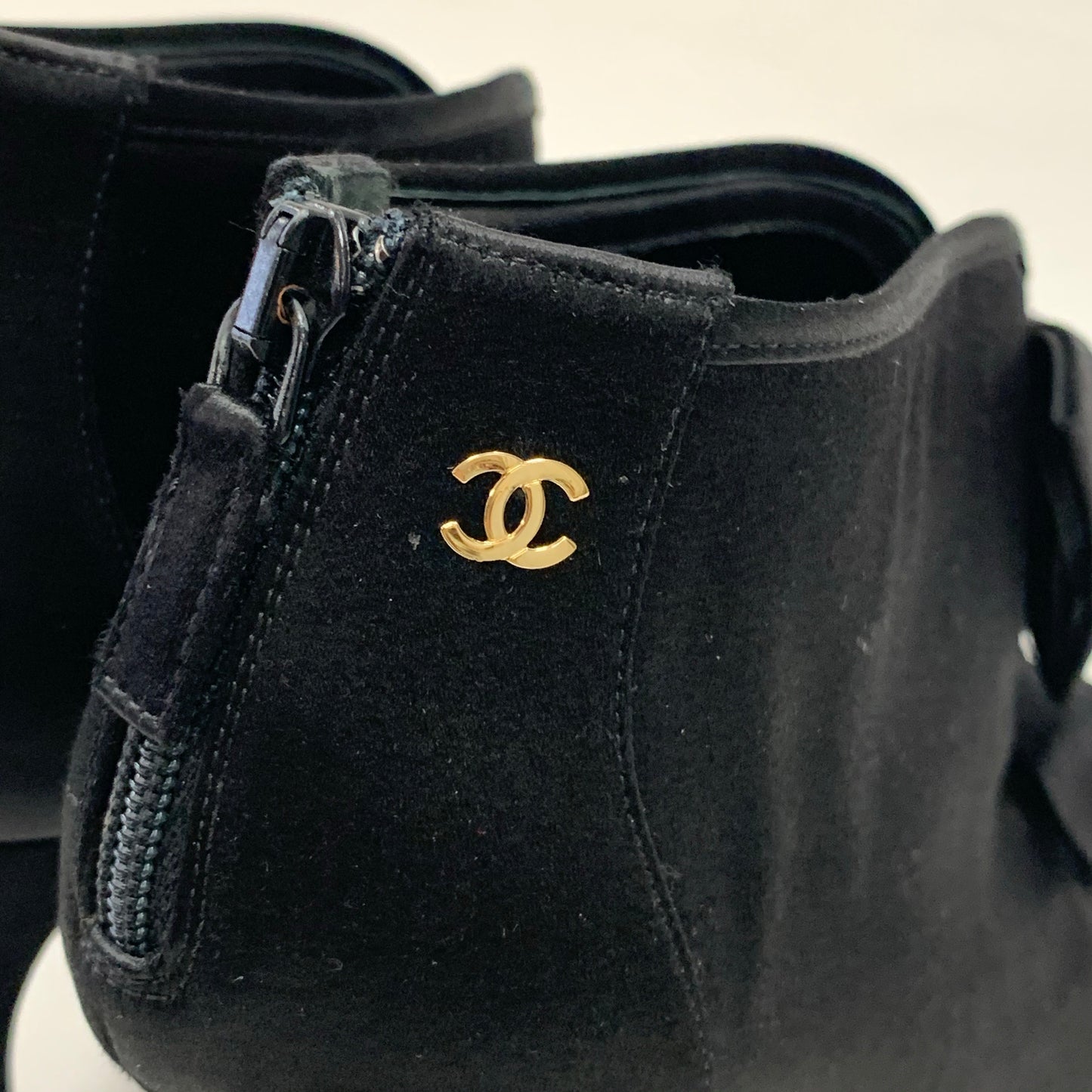 Authentic Chanel Black Satin Peep Toe Booties Sz 36.5
