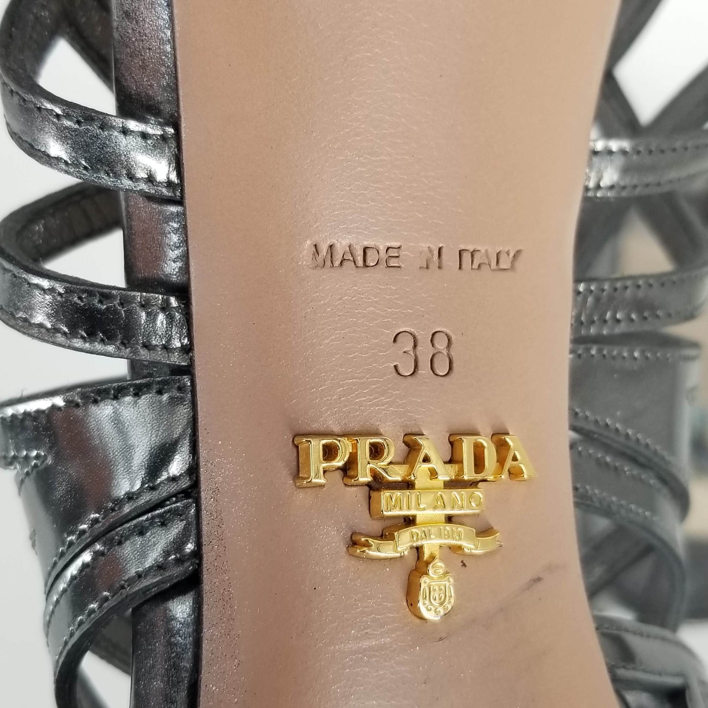 Authentic Prada Bronze Metallic Patent Caged Slingback Pumps