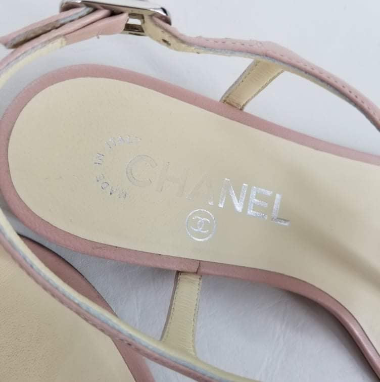 Authentic Chanel Pink Camellia Logo Sandals Sz 37