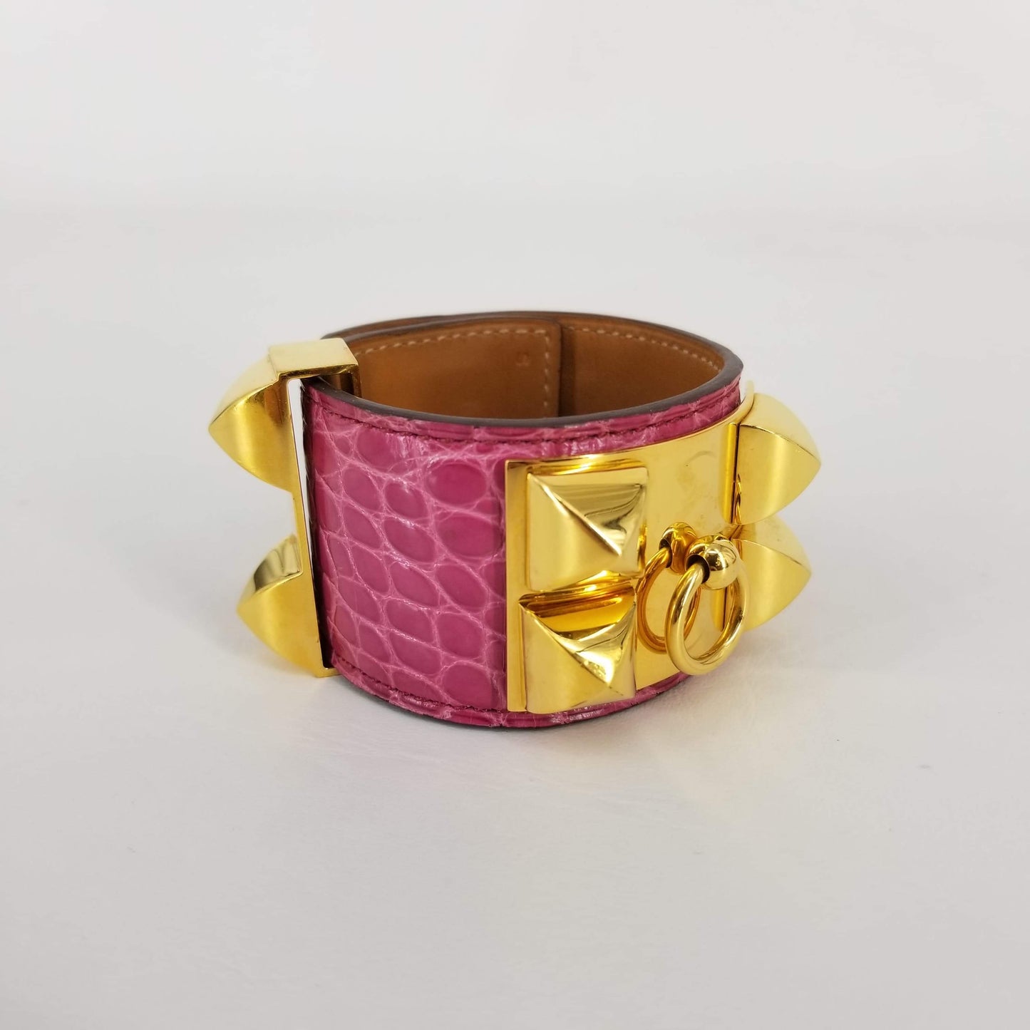 Authentic Hermes Pink Collier de Chien Alligator Bracelet Gold HW